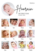 A newborn first-year photo collage template with a large circular photo at the top left, the name 'Hoorain' in script, and the text 'Newborn MY FIRST YEAR 02 MAY, 2021.' Below are twelve smaller square photos of the baby labeled One through Twelve on a white background.