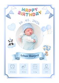 A personalized baby birthday card template with a blue border, colorful 'HAPPY BIRTHDAY' text, a central photo of a sleeping newborn in light blue clothing, decorative balloons and a panda illustration, the name 'Azhan Sharjeel' on a ribbon banner, and small birth information icons at the bottom.