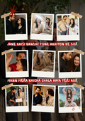 A collage-style promotional graphic featuring multiple small polaroid-style photos of couples and families arranged on a dark background with decorative tape graphics and Hindi text reading 'JANE KAISI BANDHI TUNE AKHIYON KE DOR' and 'MANN MERA KHICHCHA CHALA AAYA TERI AOR'.