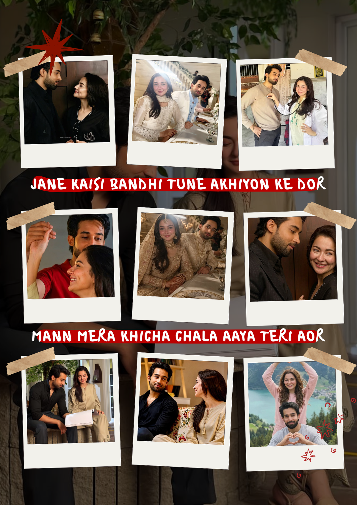 A collage-style promotional graphic featuring multiple small polaroid-style photos of couples and families arranged on a dark background with decorative tape graphics and Hindi text reading 'JANE KAISI BANDHI TUNE AKHIYON KE DOR' and 'MANN MERA KHICHCHA CHALA AAYA TERI AOR'.